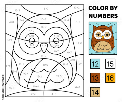 Owl. Solve the problem, color the picture. Addition, Subtraction Coloring book Vector