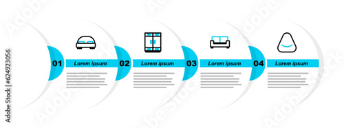 Set line Pouf, Sofa, Wardrobe and Big bed icon. Vector