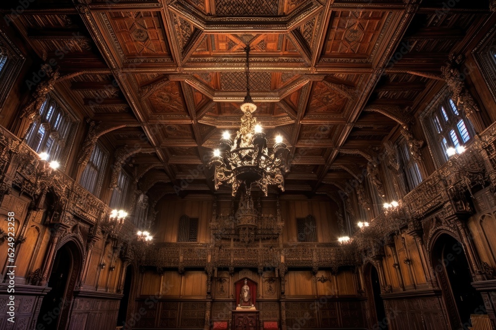 Fototapeta premium wide-angle shot of ornate wooden ceiling, created with generative ai