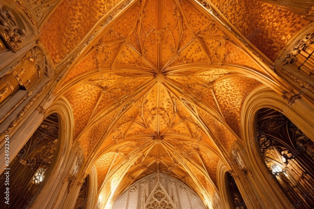 intricate gold leaf details on a cathedral ceiling, created with generative ai