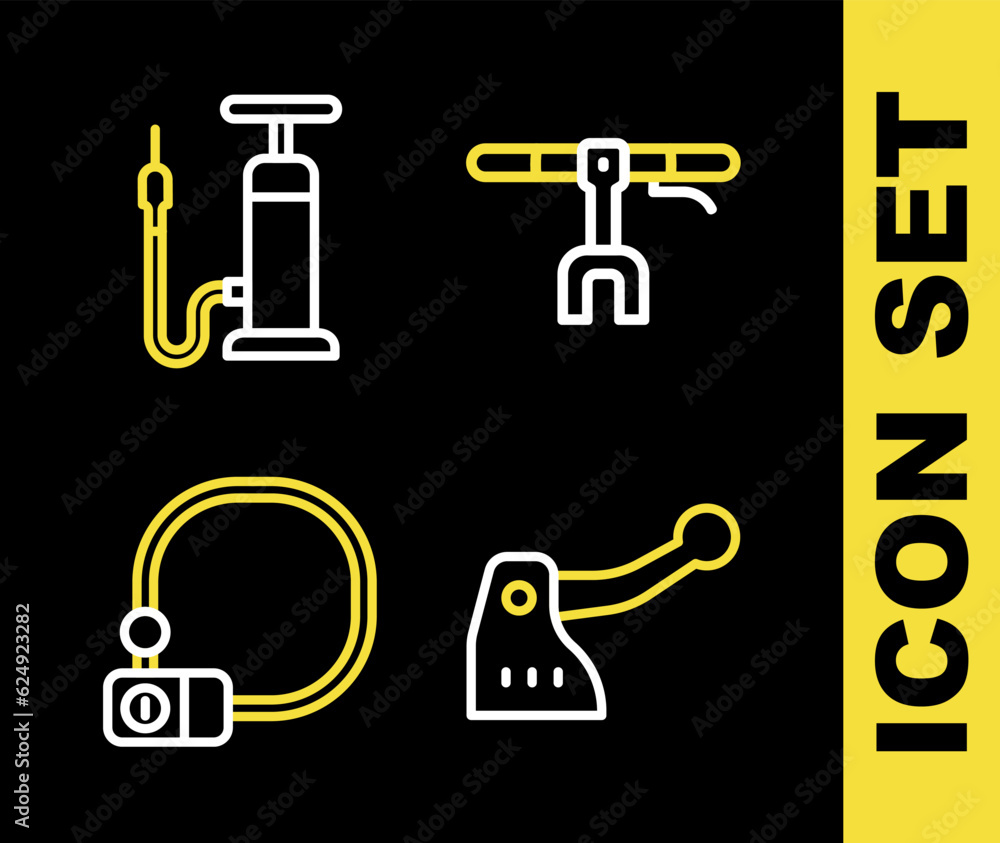 Set line Bicycle handlebar, brake, lock and air pump icon. Vector Set line Bicycle handlebar, brake, lock and air pump icon. Vector