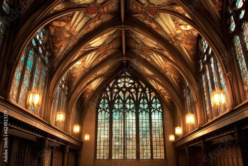 dramatic vaulted ceiling with stained glass, created with generative ai
