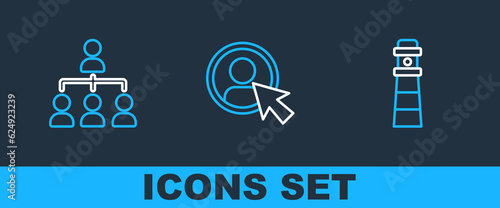 Set line Lighthouse, Hierarchy organogram chart and Create account screen icon. Vector