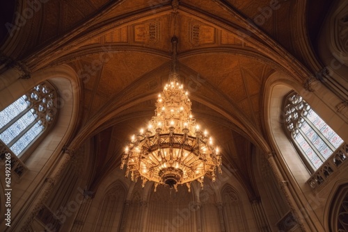 cathedral ceiling with ornate chandelier hanging, created with generative ai