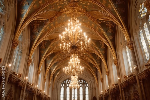 cathedral ceiling with an array of gilded chandeliers, created with generative ai