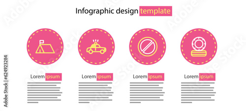 Set line Ban, Lying burning tires, Police car and flasher and Protest camp icon. Vector