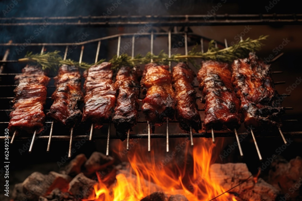 ribs on skewers, roasting over open flames, created with generative ai