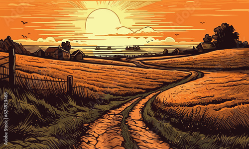 Illustration of a path between the fields at sunset vector Background generative ai