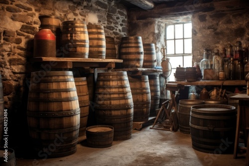 vintage barrels stacked in a historic distillery, created with generative ai © Alfazet Chronicles