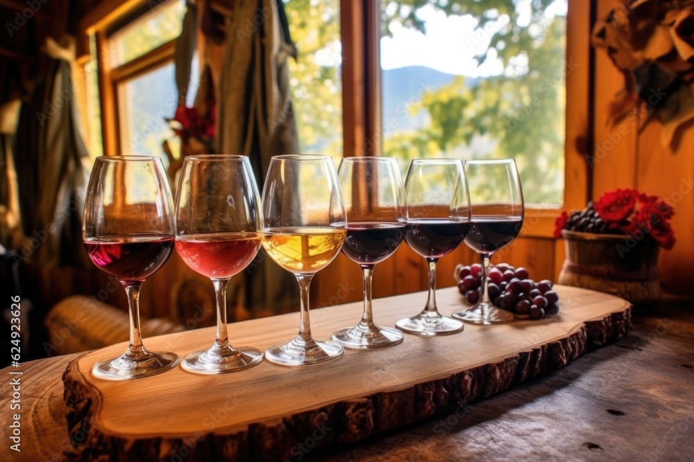 wine flight lined up on a rustic table among grapevines, created with generative ai