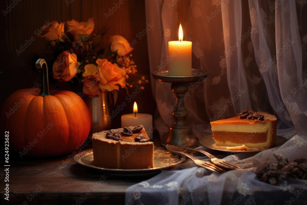 sliced pumpkin pie next to a lit candle for a cozy atmosphere, created with generative ai