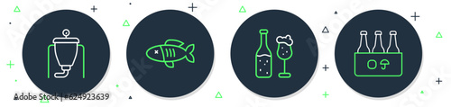 Set line Dried fish, Beer bottle and glass, brewing process and Pack of beer bottles icon. Vector