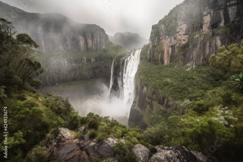 majestic waterfall with misty spray and rolling clouds in the background, created with generative ai