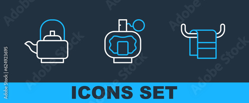 Set line Towel on a hanger, Kettle with handle and Aftershave icon. Vector