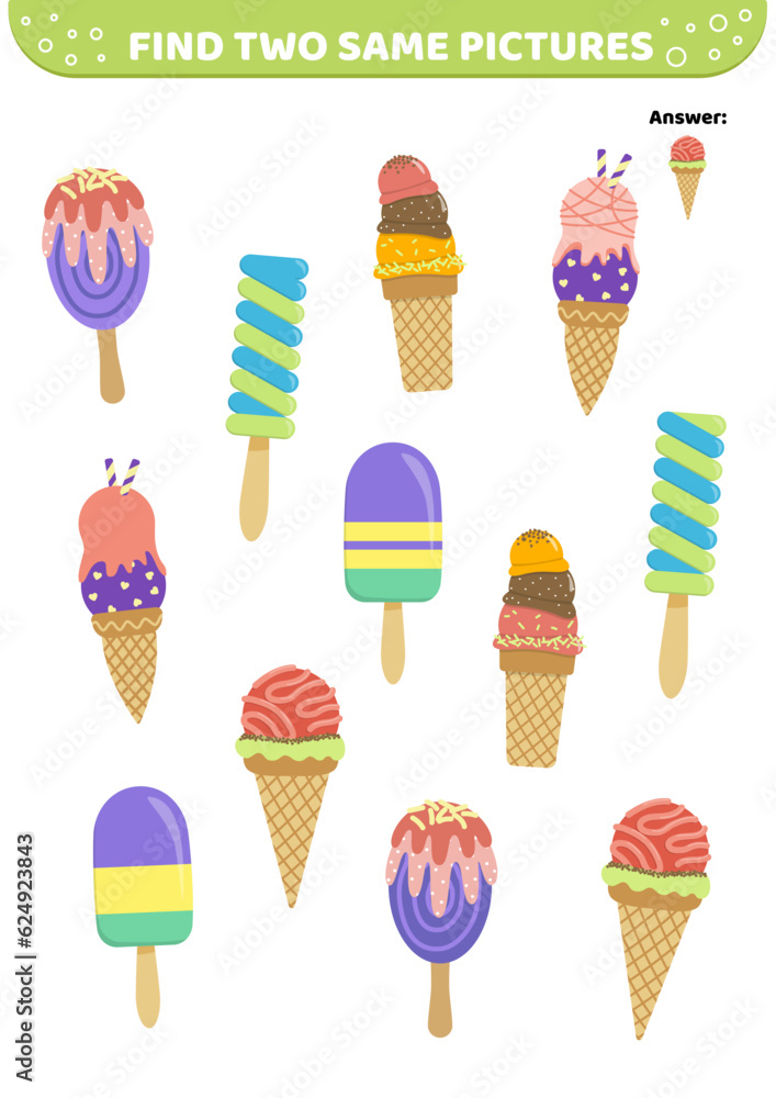 Find two same pictures. Game for children. Ice cream. Flat, cartoon, vector Find two same pictures. Game for children. Ice cream. Flat, cartoon, vector