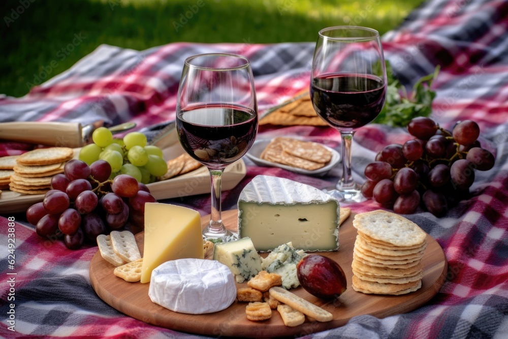 wine glasses, cheese platter, and grapes on picnic blanket, created with generative ai wine glasses, cheese platter, and grapes on picnic blanket, created with generative ai