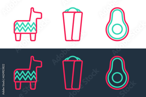 Set line Avocado fruit  Pinata and Burrito icon. Vector