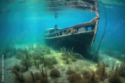 sunken boat visible beneath clear water, created with generative ai