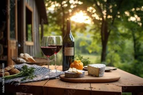 wine and cheese set on rustic wooden table in a beautiful outdoor setting, created with generative ai