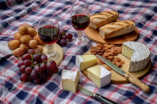 wine glasses, cheese platter, grapes, and baguette on checkered picnic blanket, created with generative ai