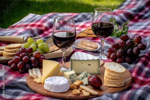 wine glasses, cheese platter, and grapes on picnic blanket, created with generative ai