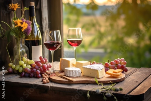 rustic wine and cheese pairing on wooden picnic table  created with generative ai