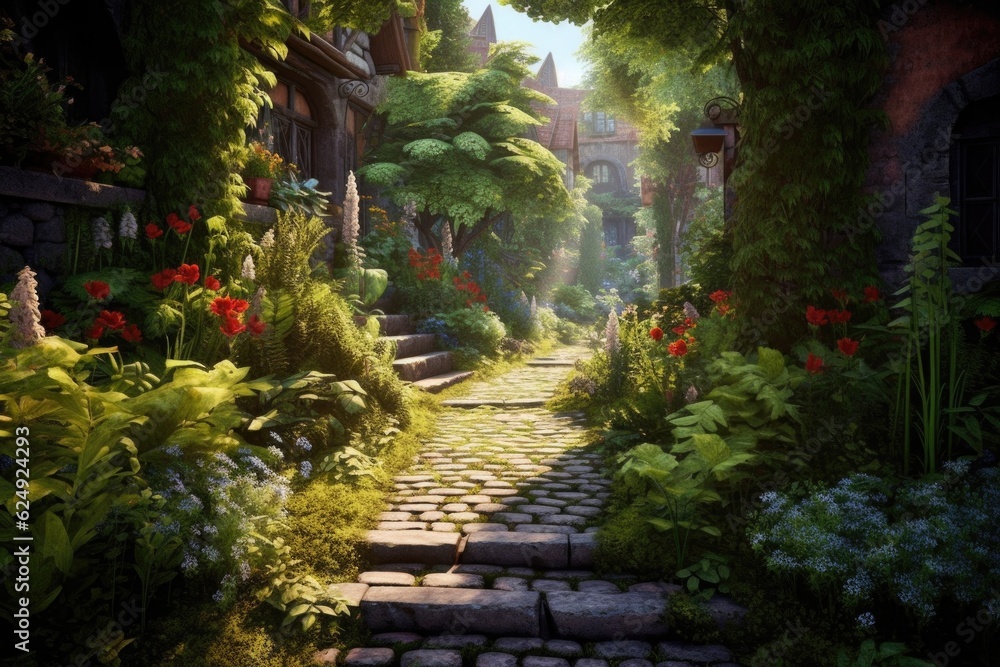 sundrenched cobblestone path in a lush garden setting, created with generative ai