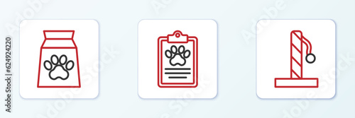 Set line Cat scratching post, Bag of food for pet and Clinical record icon. Vector