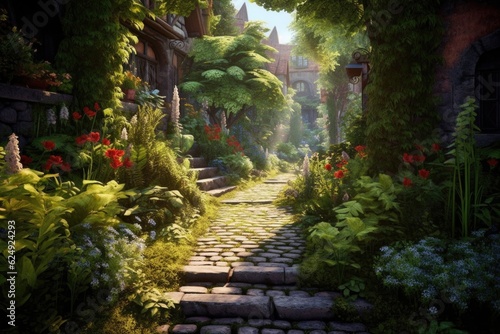 sundrenched cobblestone path in a lush garden setting, created with generative ai
