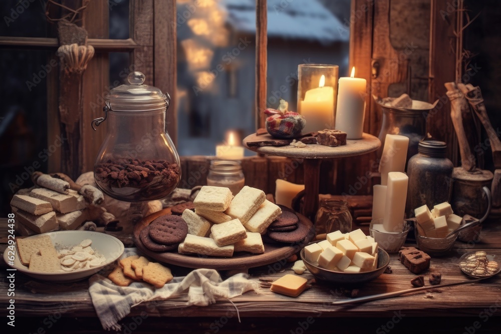 marshmallows, chocolate, and crackers in a cozy setting, created with generative ai
