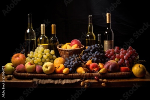 fruits and wine bottles arranged on a tray, created with generative ai