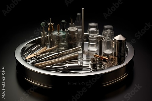 sterile surgical instrument set on a stainless steel tray, created with generative ai © altitudevisual