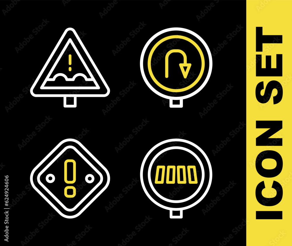 Set line Turn back road sign, Pedestrian crosswalk, Exclamation mark in triangle and Uneven ahead icon. Vector