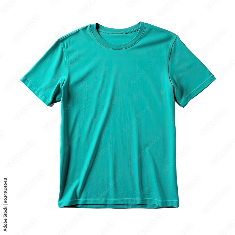 a T-Shirt in a teal color, flat layout Product-themed, photorealistic illustration in a PNG, cutout, and isolated. Generative AI