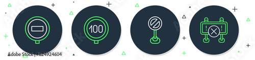 Set line Speed limit traffic, Stop sign, and Road barrier icon. Vector
