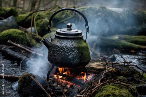 boiling water in a kettle over a campfire for mint tea, created with generative ai