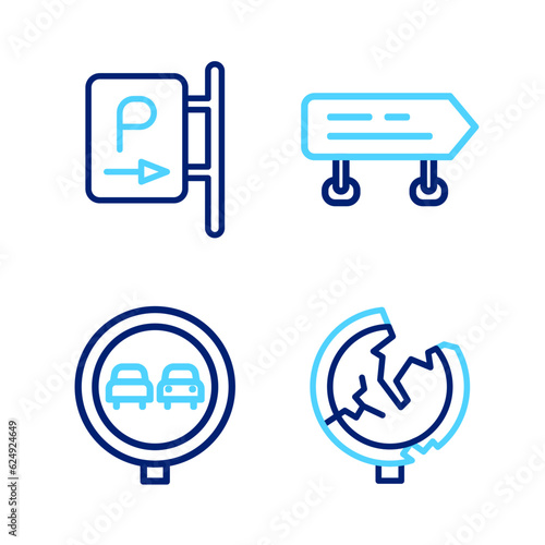 Set line Road traffic sign, No overtaking road, and Parking icon. Vector