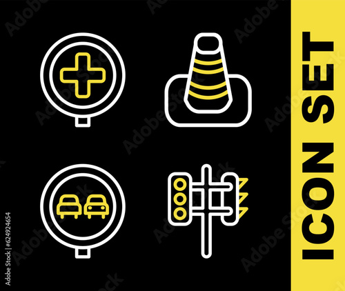 Set line Traffic cone, light, No overtaking road traffic and Hospital icon. Vector