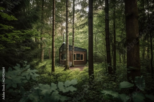 tiny home in a secluded forest, surrounded by nature, created with generative ai