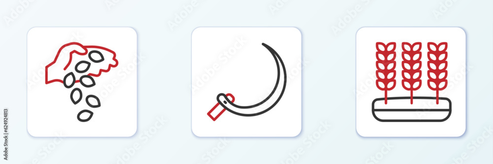 Obraz premium Set line Wheat, Seed and Sickle icon. Vector