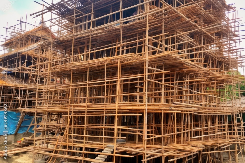 bamboo scaffolding sections stacked for construction, created with generative ai