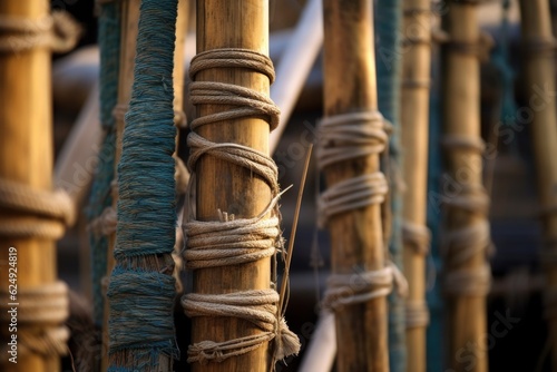 Fotografija close-up of bamboo poles tied together with rope, created with generative ai