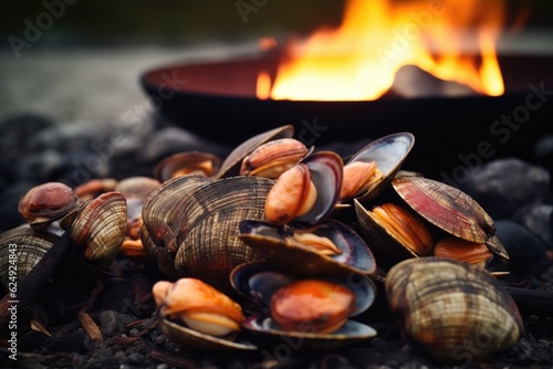 close-up of fresh clams next to campfire, created with generative ai