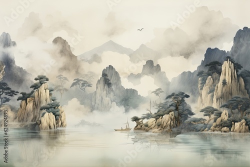 A foggy scene of mountains, trees, and lake painting. (Illustration, Generative AI)