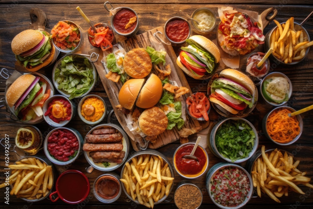 overhead view of different burger toppings on table, created with generative ai - obrazy, fototapety, plakaty 