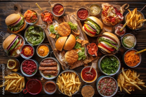 overhead view of different burger toppings on table, created with generative ai