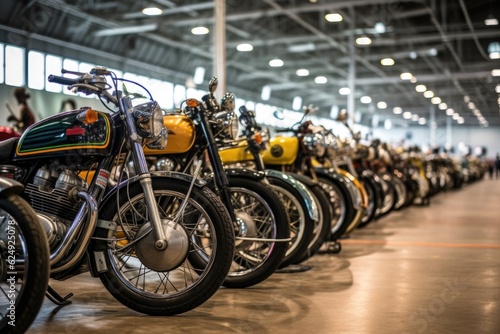 a row of classic motorcycles at a bike show, created with generative ai