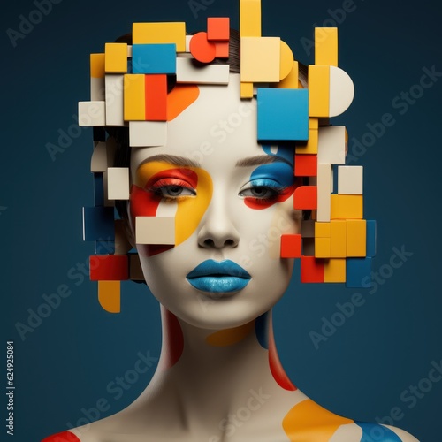 woman's face is painted with an abstract design of blocks