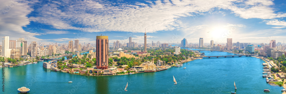 Panorama of Cairo downtown with the Tower and fashionable hotels in the harbour of the Nile, Egypt