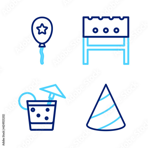 Set line Party hat, Cocktail, BBQ brazier and Balloon with ribbon icon. Vector